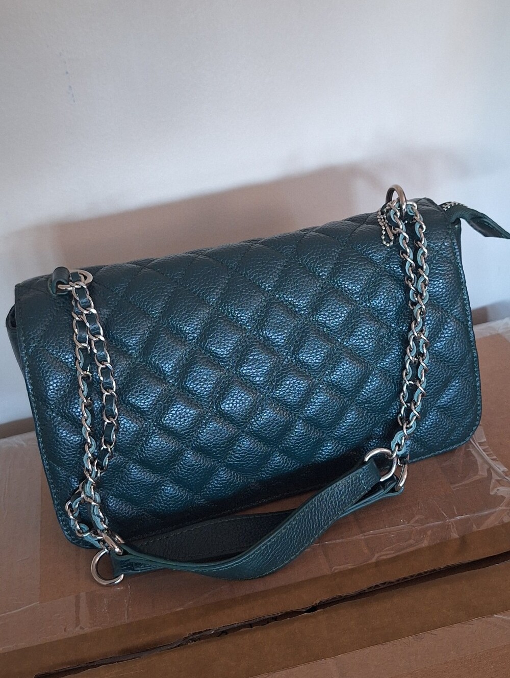 Quilted Teal Shoulder Bag with Chain Strap